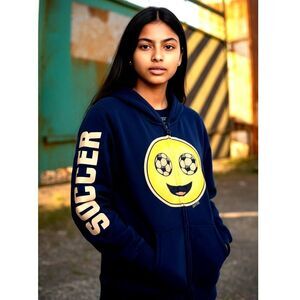 Justice Active Girls Black Soccer w/Large Soccer Emoji Zipper Hoodie - Size 8/10